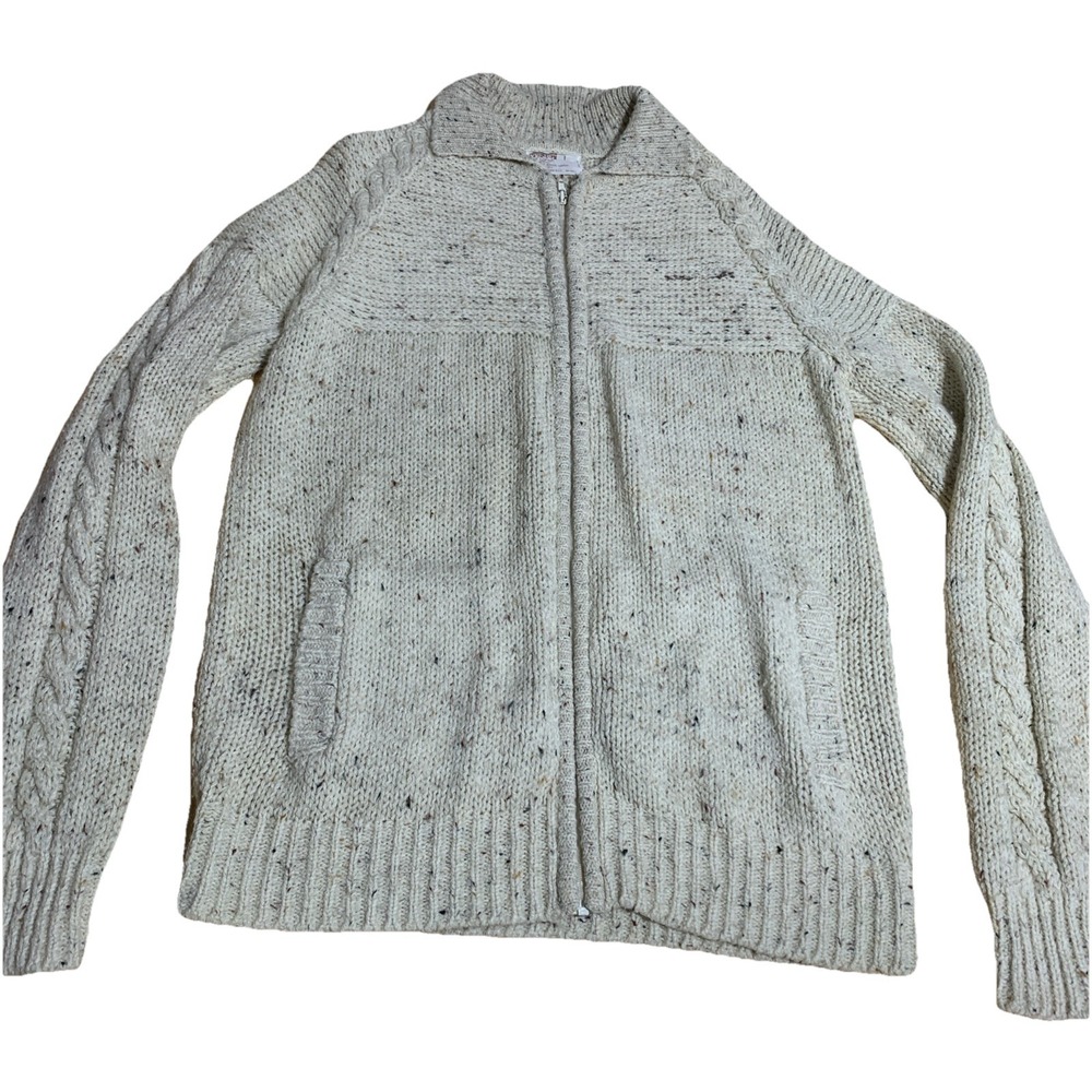 Montgomery Ward Vintage Cardigan Sweater Zip Front Collared Speckled Off White L